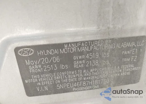2007 Hyundai Sonata Limited/Se V6 z USA, uszkodzony, nr VIN 5NPEU46F87H181763